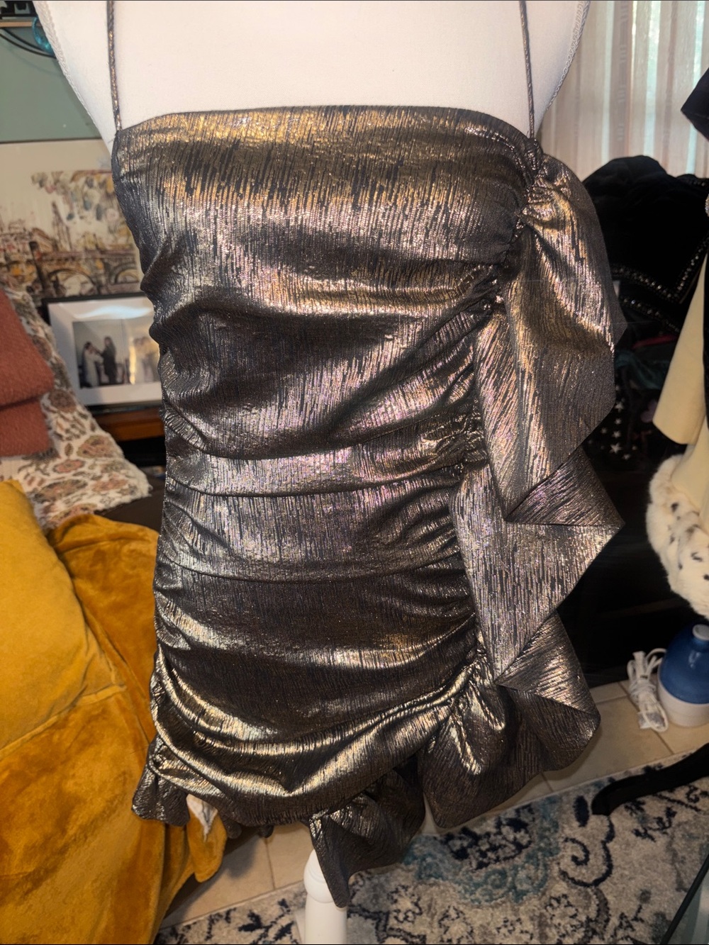 Zara Metallic Gunmetal Ruched Mini Skirt with Side Bow